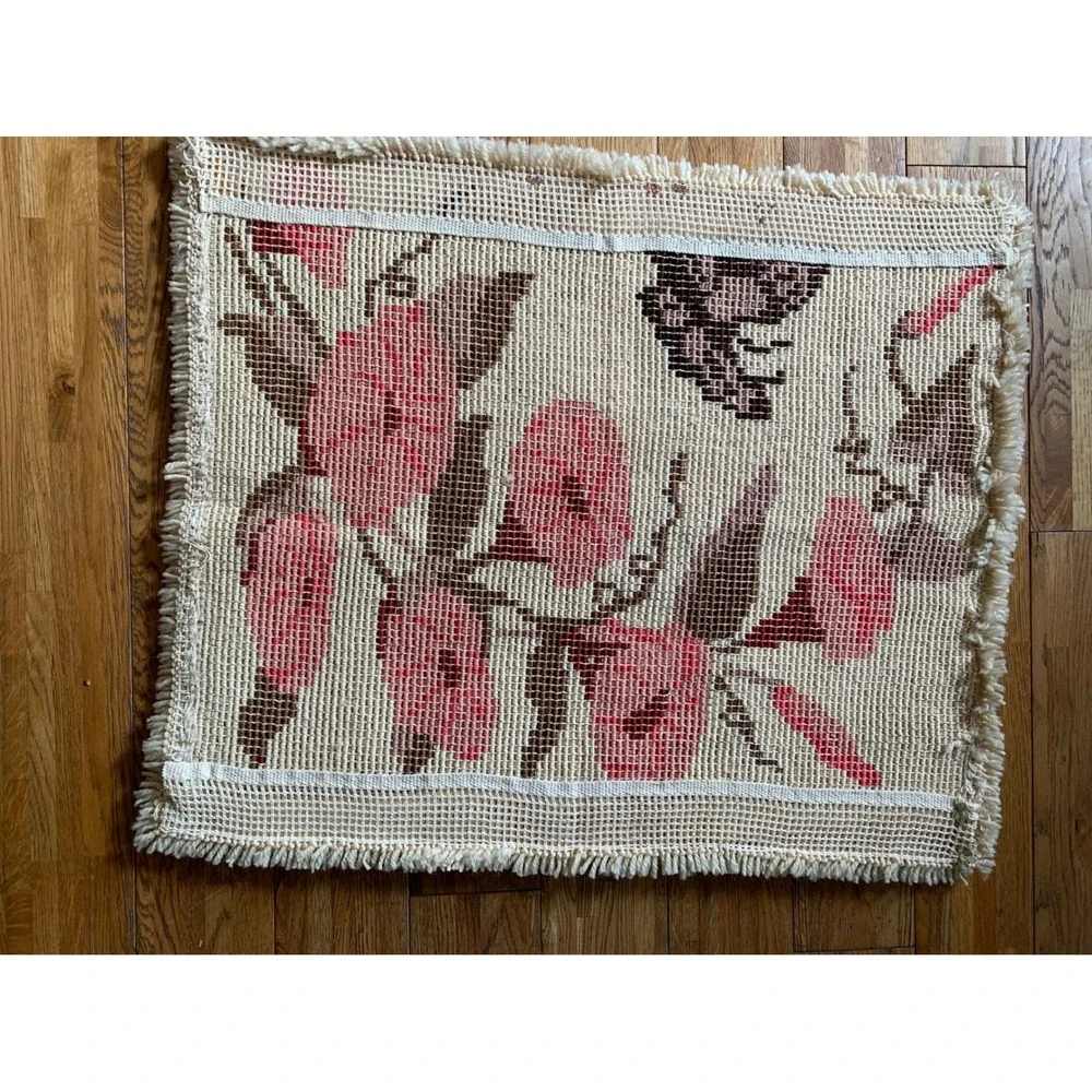 Vintage Latch Hook Rug Floral Butterfly Pink Cream Retro Cottagecore Boho 30x25